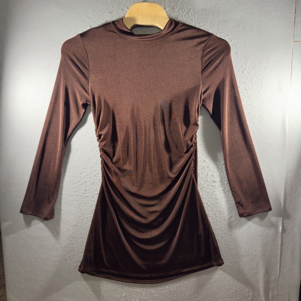 3344 | NWT WAYF Vivi Tie Back Long Sleeve Mini Dress Brown Metallic Womens XL 12